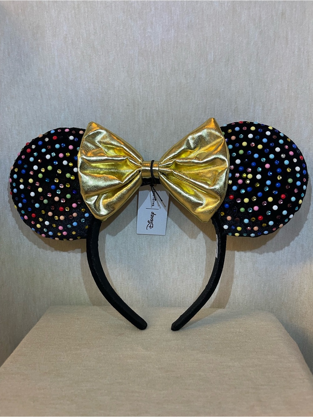 Disney Bauble Bar Ears Headband with Multi Colored Gems and  Gold Bow